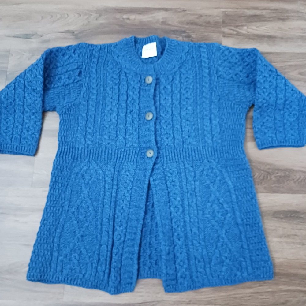 Kilronan Knitwear Blue Merino Wool Cable Knit Cardigan Sweater Made in Ireland M